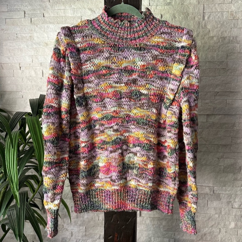 DEMOCRACY Knit Mock Neck Ruffle Multicolor Boho Cozy Sweater Size M
